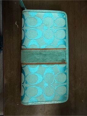 Coach Turquoise Signature Logo Zip-Around Wallet with Suede Accent